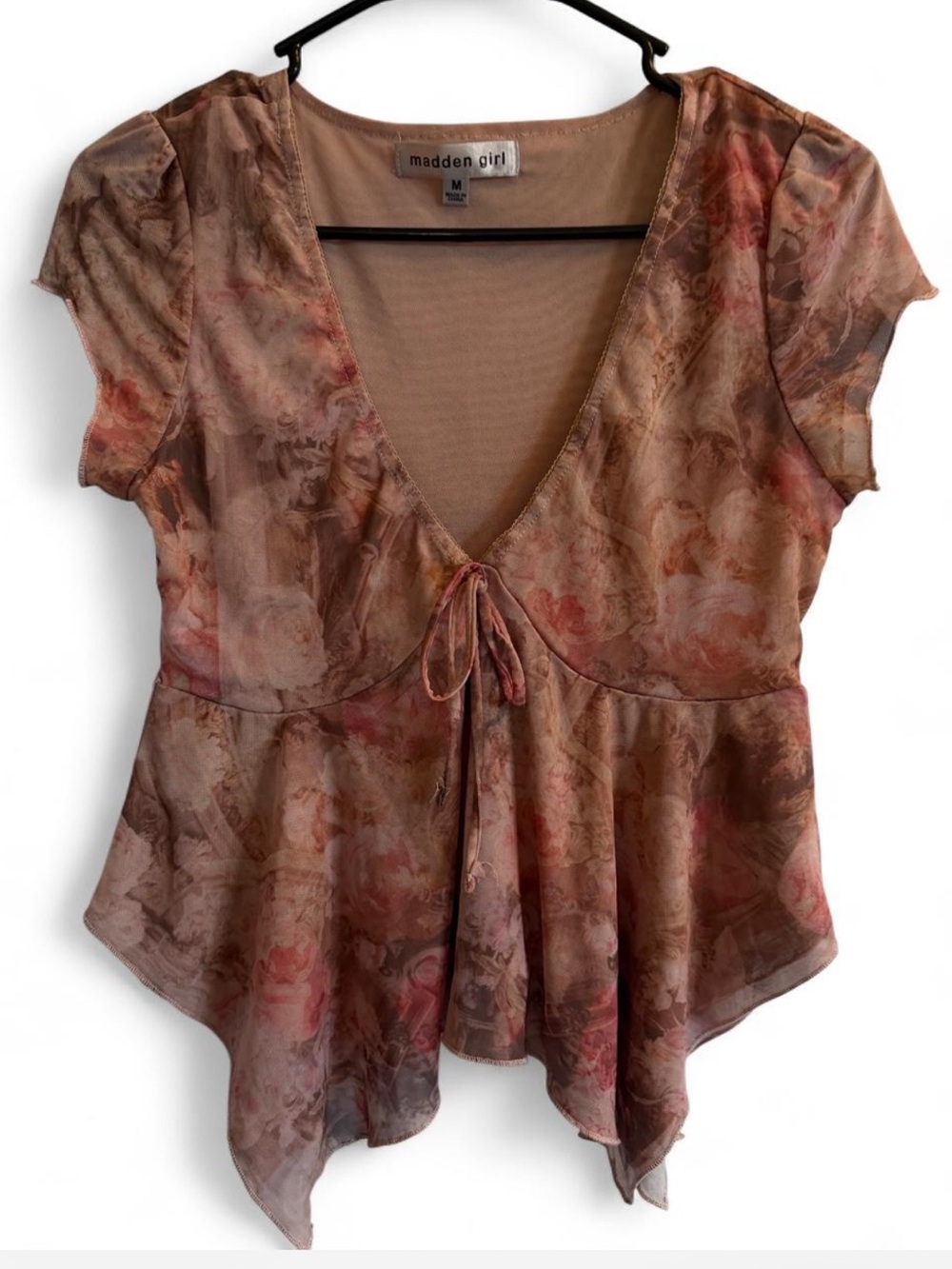 Madden Girl Brown and Pink Floral Tie-Front Peplum Blouse